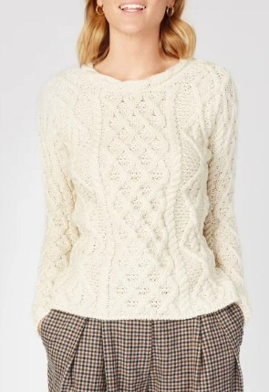 Irelands Eye Pure Wool Lambay Lattice Cable Aran Sweater Natural Womens Large